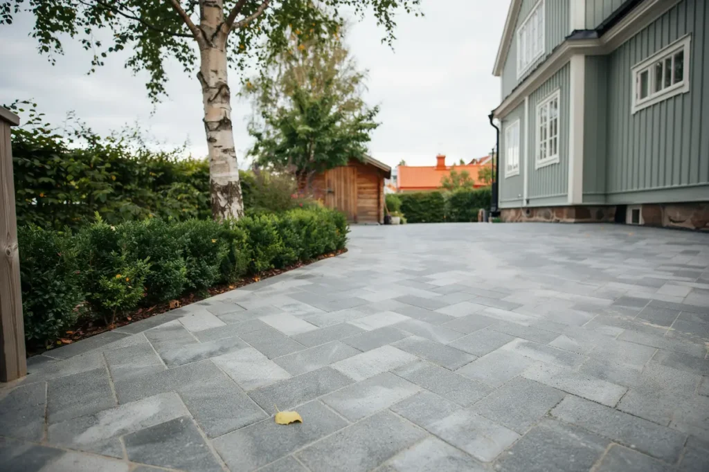 stenl ggning av uppfart med marksten i midsommarkransen h gersten